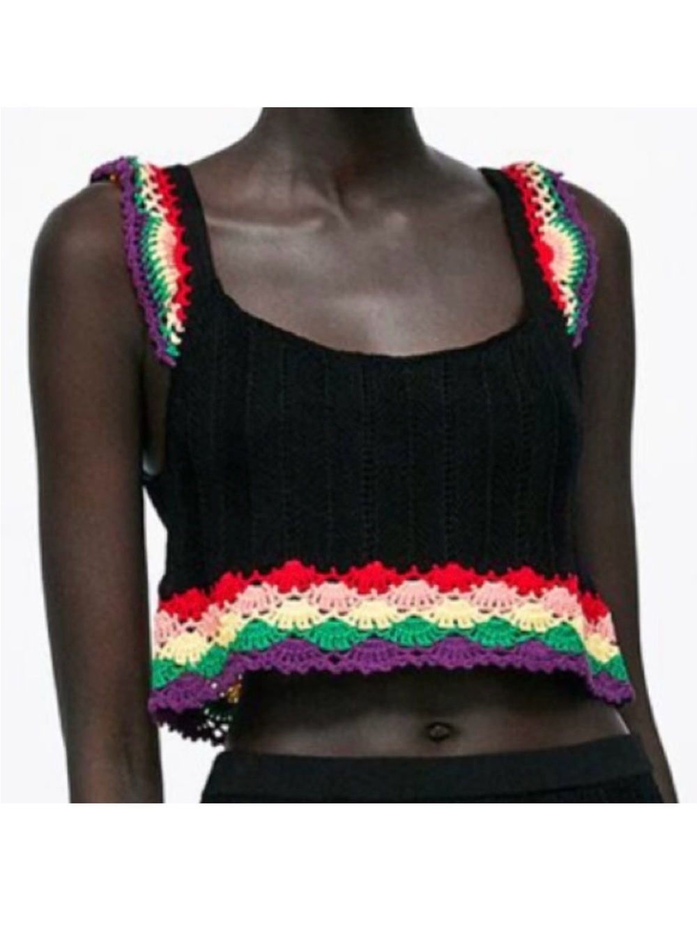 Zara Black Crochet Crop Tank with Rainbow Scallop Crochet Trim in Size Small